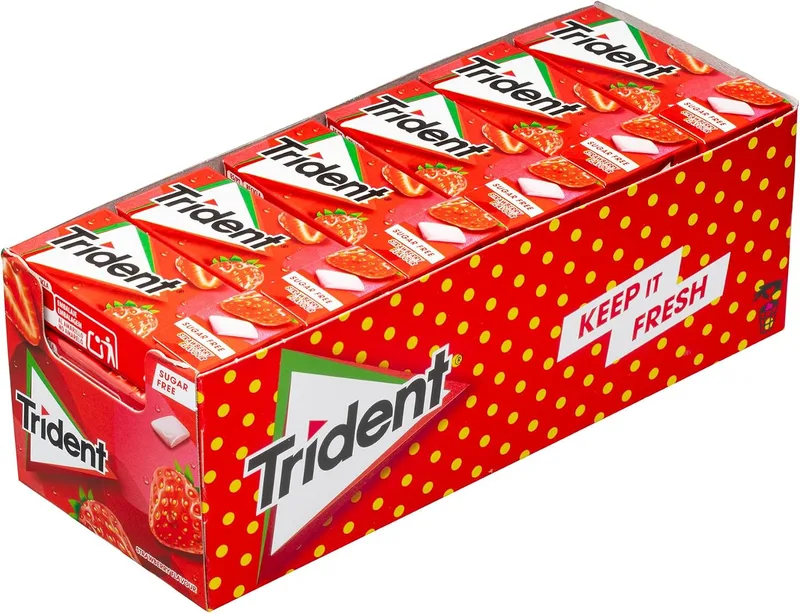 Trident ▫️ Fresh Gragea Morango – Pastilhas elásticas sem açúcar com sabor a morango – Embalagem com 24 pacotes de 14,5 g