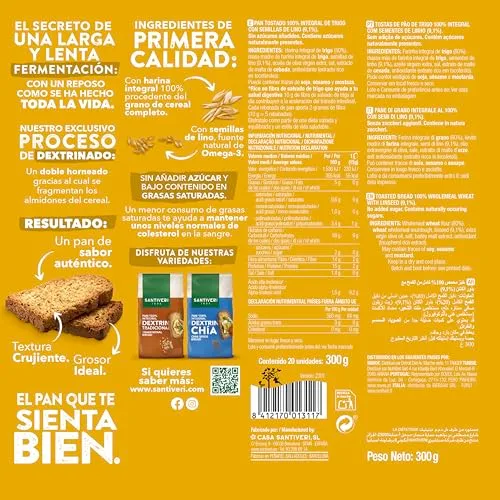 SANTIVERI ▫️ Dextrina – Tostas de pão 100% integral, ricas em fibra, sem açúcares adicionados, veganas – 300 g (linho) 2