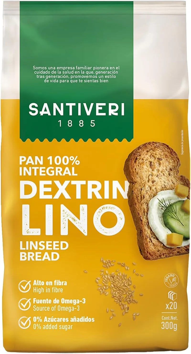 SANTIVERI ▫️ Dextrina – Tostas de pão 100% integral, ricas em fibra, sem açúcares adicionados, veganas – 300 g (linho)