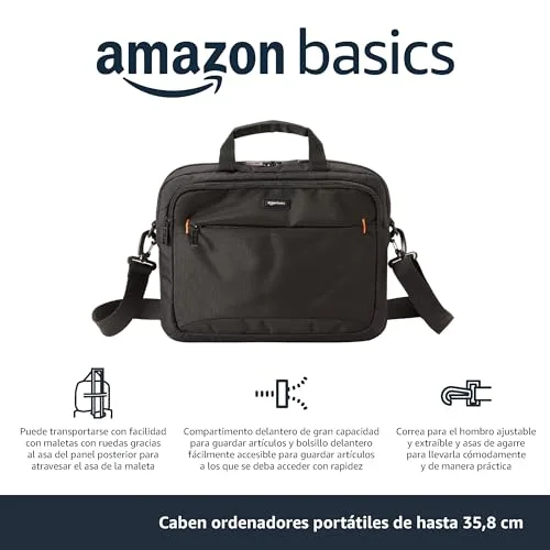 Amazon Basics ▫️ Mala compacta para portátil com alça de ombro e bolsos para acessórios (14 polegadas, 35,6 cm), preta, 1 unidade 3