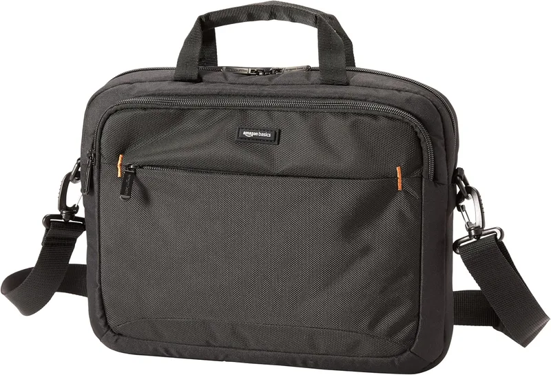 Amazon Basics ▫️ Mala compacta para portátil com alça de ombro e bolsos para acessórios (14 polegadas, 35,6 cm), preta, 1 unidade