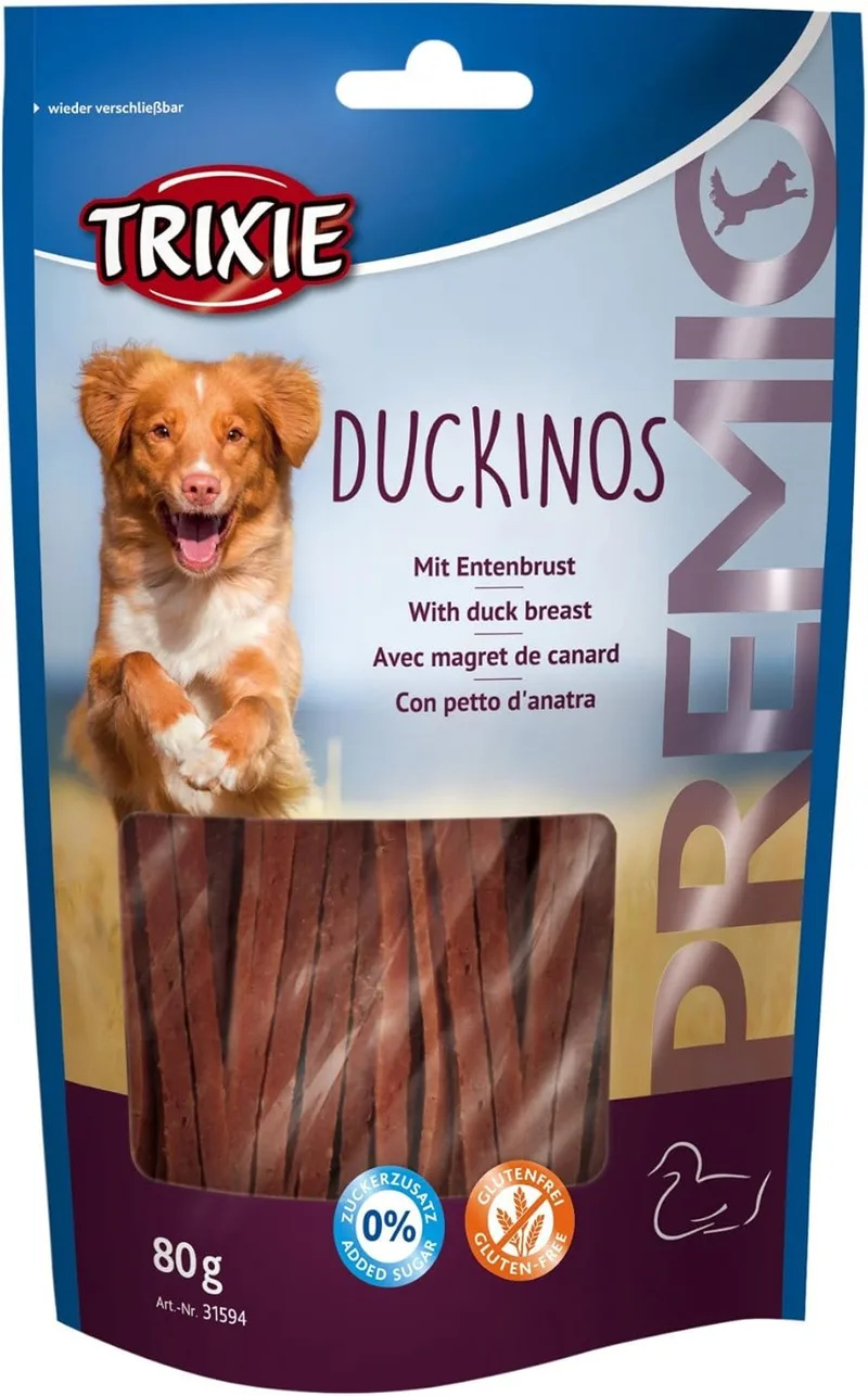 Trixie ▫️ Duckinos PREMIO Snack para Cães, 80 g, Sabor a Pato, Rico em Proteínas, Sem Açúcar Adicionado e Sem Glúten, Ideal para Treino e Recompensas Saudáveis