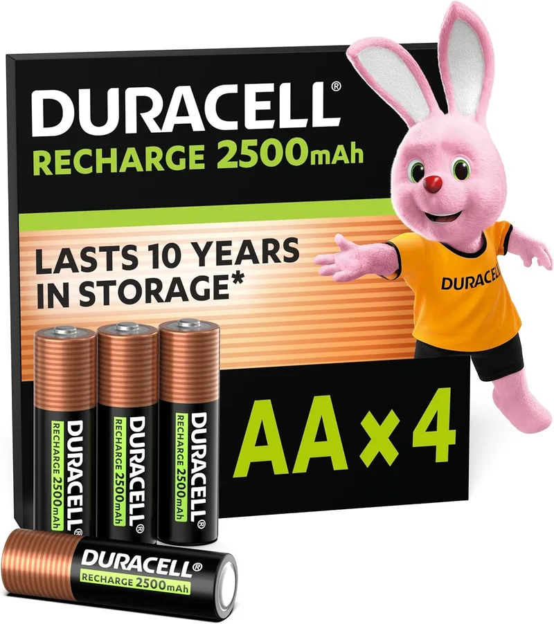 Duracell ▫️ Pilhas AA recarregáveis (Embalagem de 4), 2500 mAh NiMH, pré-carregadas, as nossas pilhas recarregáveis de longa duração n.º 1 com 0% de plástico, embalagem 100% reciclável.