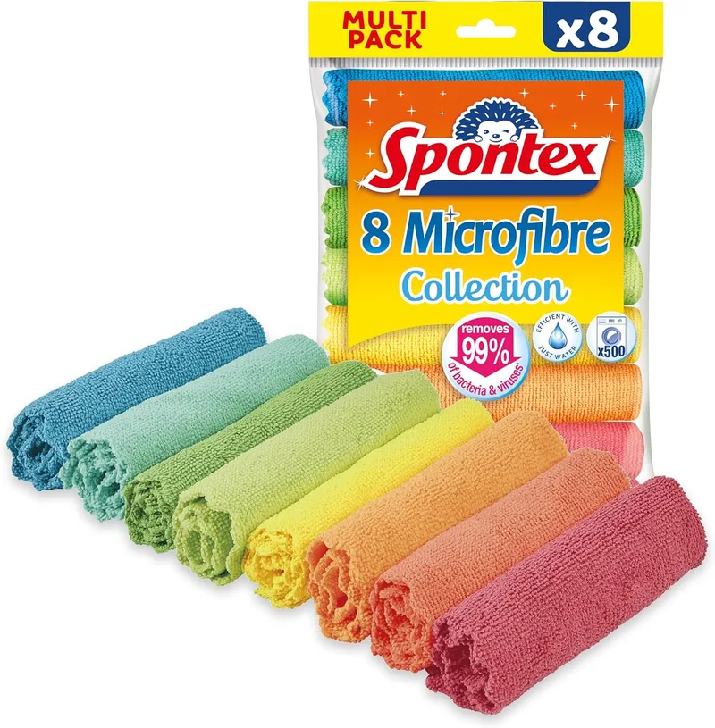 Spontex ▫️ Panos de Limpeza em Microfibra | 8 Panos de Coleção em Microfibra | Para utilizar como panos do pó e panos de cozinha | 30 x 30 cm | Cores sortidas | 8 unid.