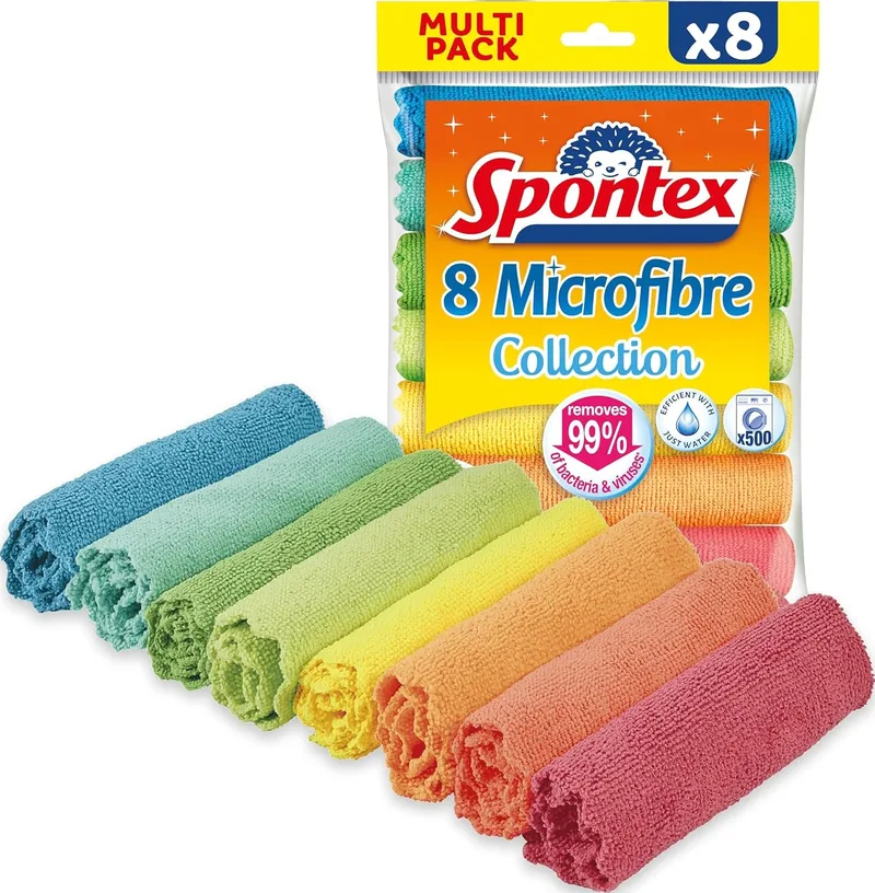 Spontex ▫️ Panos de microfibra para limpeza | 8 panos da coleção Microfibre | Para utilizar como panos para o pó e panos de cozinha | 30 x 30 cm | Cores variadas | 8 unidades