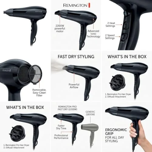 Remington ▫️ Secador de cabelo Pro-Air - Iónico, 2200 W, bocal concentrador, 3 níveis de temperatura, 2 velocidades, grelha de cerâmica, gancho para pendurar, grelha traseira amovível - D5210 5