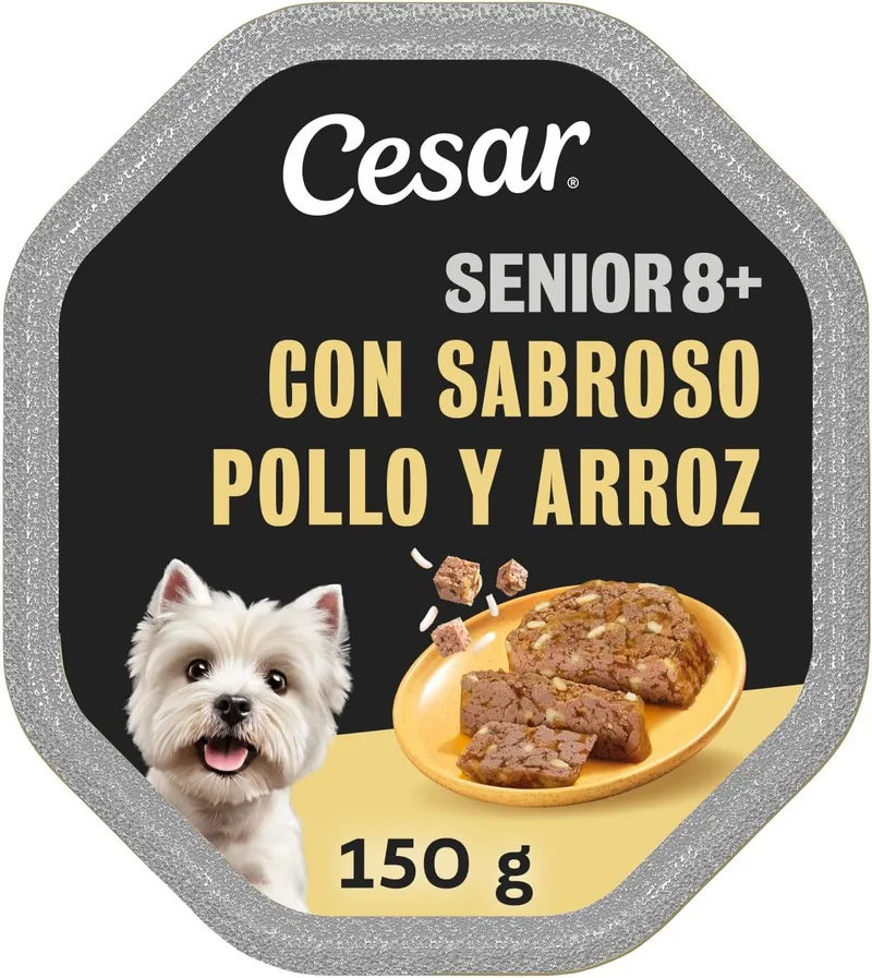 Cesar ▫️ 14 x 150 g Senior 8+ Embalagem com pedaços de frango e arroz em gelatina