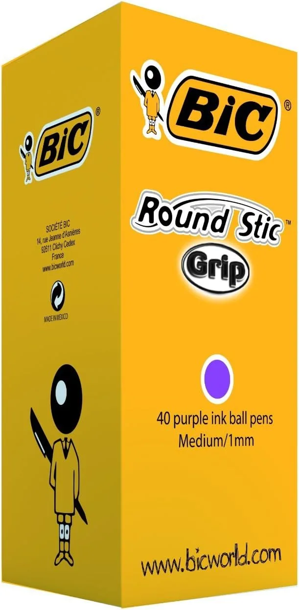 BIC ▫️ Round Stic Grip - Embalagem de 40 canetas esferográficas de ponta fina (0,4 mm), cor púrpura