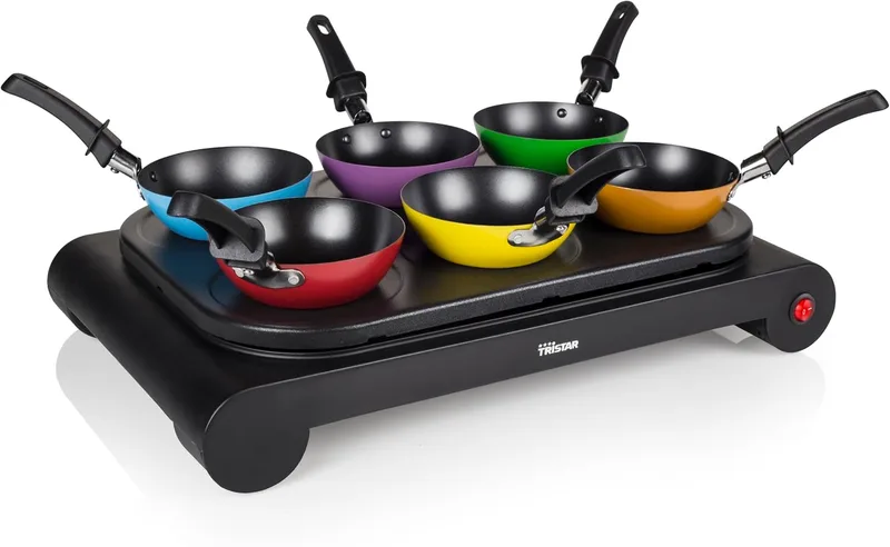 Tristar ▫️ Conjunto de wok para 6 pessoas com frigideiras coloridas – Grelhador elétrico multifunções com formas para panquecas, revestimento antiaderente, ideal para jantares em família e reuniões sociais