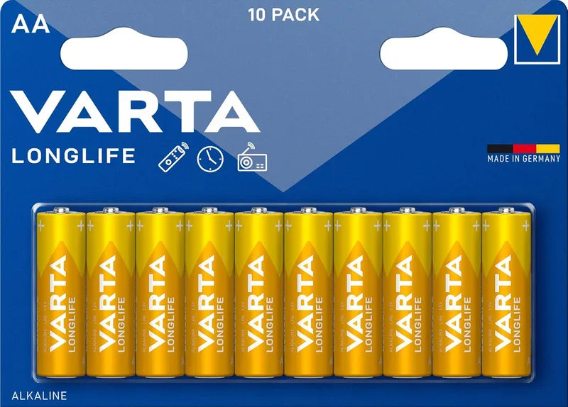 Pilha Varta Longlife Power AA Mignon LR06 (embalagem de 10), pilha alcalina - "Made in Germany" - Adequada para brinquedos, lanternas, telecomandos e outros aparelhos a pilhas