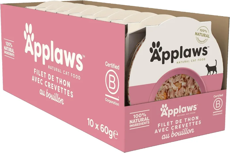 Applaws ▫️ Comida húmida natural para gatos em potes, Filete de atum com camarões em caldo, 10 x 60 g