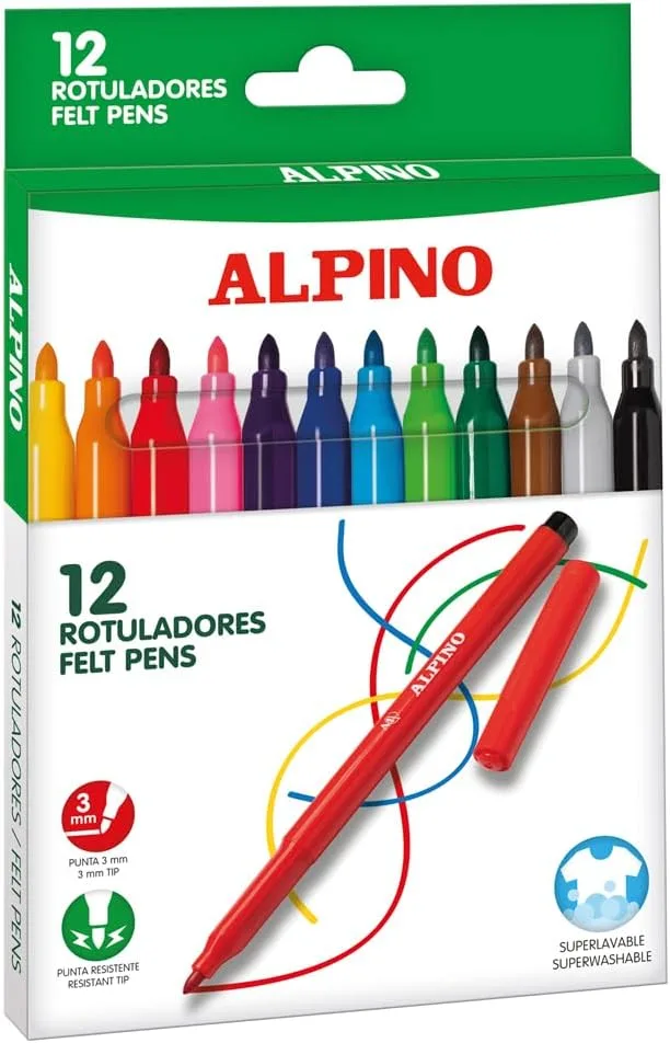 Alpino ▫️ 12 Canetas de Cor | Ponta resistente de 3 mm para colorir | Tinta superlavável e de longa duração | Estojo com canetas de cores brilhantes | Material escolar