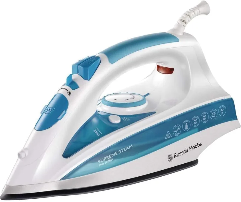 Russell Hobbs ▫️ Ferro de engomar Steam Glide Professional - 2600 W, base em cerâmica, antiderrapante, engomagem a seco, jato de vapor de 210 g, vapor contínuo de 70 g, função de autolimpeza, branco e azul - 20562-56