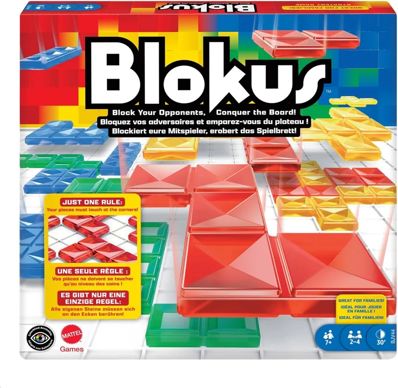 Mattel Games ▫️ Jogo de tabuleiro Blokus - Fácil de aprender - 21 peças coloridas por jogador - Divertido - Estratégia e desafios - Para toda a família - BJV44