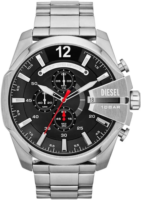 Diesel ▫️ Relógio para homem Mega Chief, movimento cronógrafo de quartzo, caixa em aço inoxidável prateado de 59 mm com bracelete em aço inoxidável, DZ4308