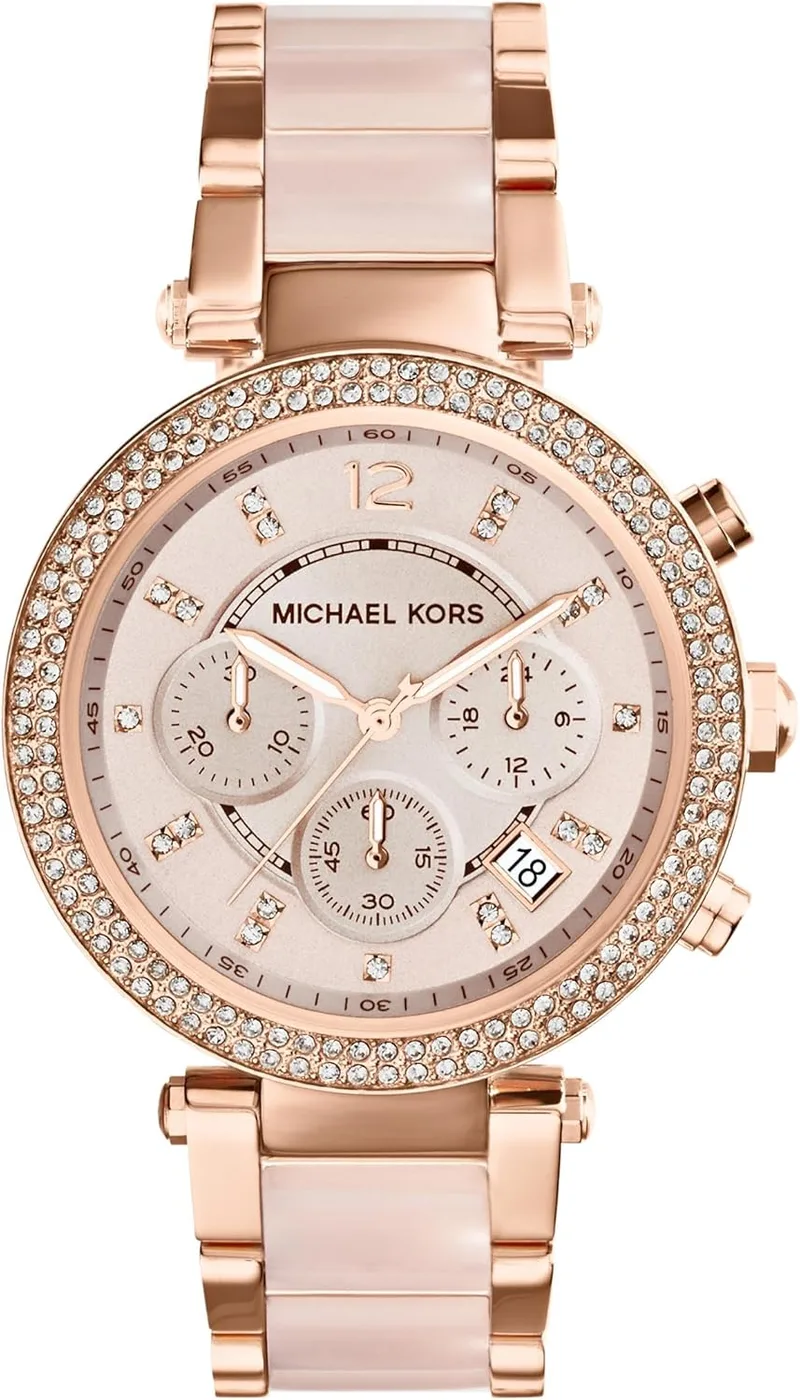 Michael Kors - Relógio cronógrafo de quartzo Parker com bracelete em aço inoxidável dourado com elos centrais em acetato Blush para mulher MK5896
