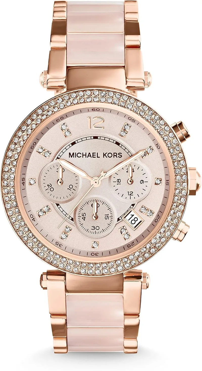 Michael Kors ▫️ Relógio Parker, cronógrafo de quartzo, com bracelete em aço inoxidável em tom de ouro rosa e elos centrais em acetato cor-de-rosa, para mulher, MK5896