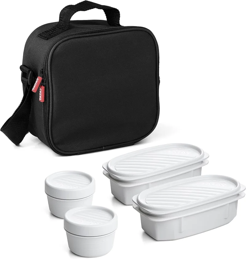 Tatay ▫️ Saco Térmico Impermeável para Alimentos - Urban Food Casual 3 L | 4 recipientes: 2 x 0,5 L + 2 x 0,2 L | Tripla camada isolante | Corpo semirrígido | Bolso interior | 22,5 x 10 x 22 cm, Preto
