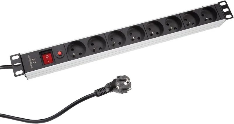 Perel ▫️ PDU Power Strip com 8 tomadas tipo E com ligação à terra, interrutor e proteção contra sobretensão, cabo de 2,15 m, 3680 W, rack de 19", distribuidor de servidores e escritórios