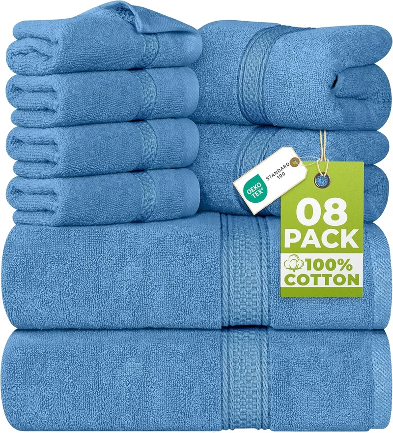 Utopia Towels ▫️ Conjunto Completo de Toalhas de Banho, 8 Peças (Azul Elétrico) | Conjunto de 8 peças com 2 toalhas de banho, 2 toalhas de mão e 4 toalhas de lavatório. Suaves, absorventes, resistentes e laváveis.