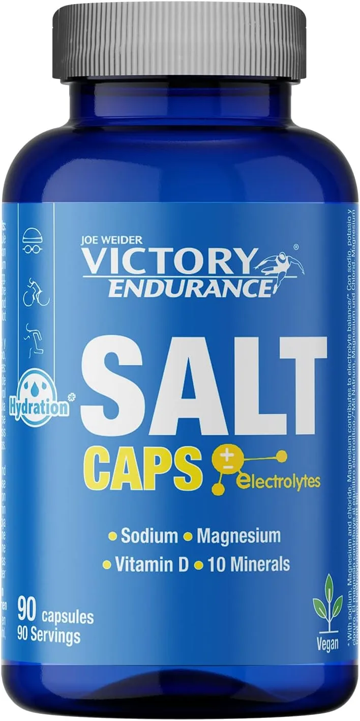 VICTORY ENDURANCE ▫️ Salt Caps. Com uma dose suplementar de vitaminas D e B1. Com Sódio, Potássio, Cloro, Cálcio, Ferro, Magnésio, Iodo, Cobre, Manganésio, Selénio, 90 unidades, 300 ml.