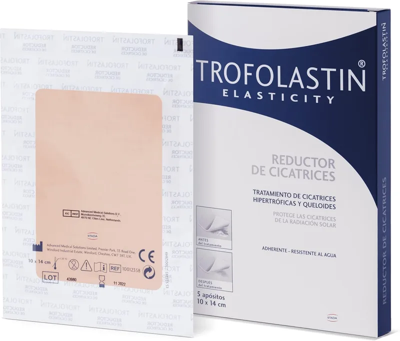 TROFOLASTIN ▫️ Redutor de Cicatrizes, Penso Adesivo para Cicatrizes Hipertróficas e Quelóides, Queimaduras e Cortes, Tamanho 10x14cm, 5 unid.