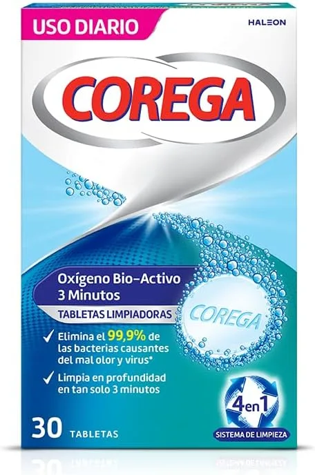 Corega ▫️ Oxigénio Bioativo, Pastilhas de Limpeza para Próteses Dentárias, Limpeza Profunda em 3 Minutos, 30 Pastilhas | Pastilhas efervescentes, Limpeza profunda em 3 minutos, Para próteses completas e parciais, elimina bactérias e manchas