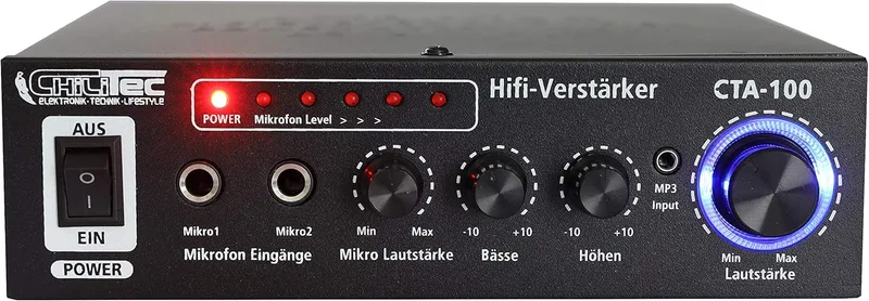 ChiliTec ▫️ CTA-100 - Amplificador Hi-Fi Compacto (100 W, entrada RCA, estéreo, mini-amplificador de alta fidelidade, para PC, escritório, jogos, cozinha), cor preta | Mini-amplificador estéreo de 2 canais, 230 V/12 V, para PC, escritório, jogos, barco, caravana, cor preta