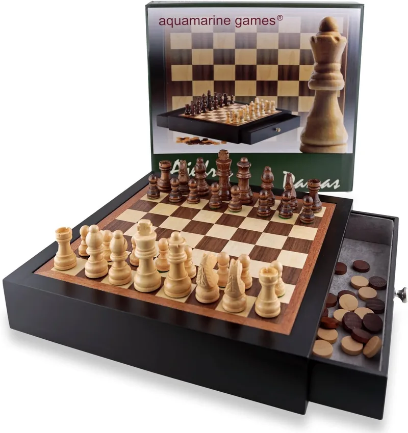Aquamarine Games ▫️ Xadrez e Damas em madeira FSC100% com gavetas para arrumação das peças