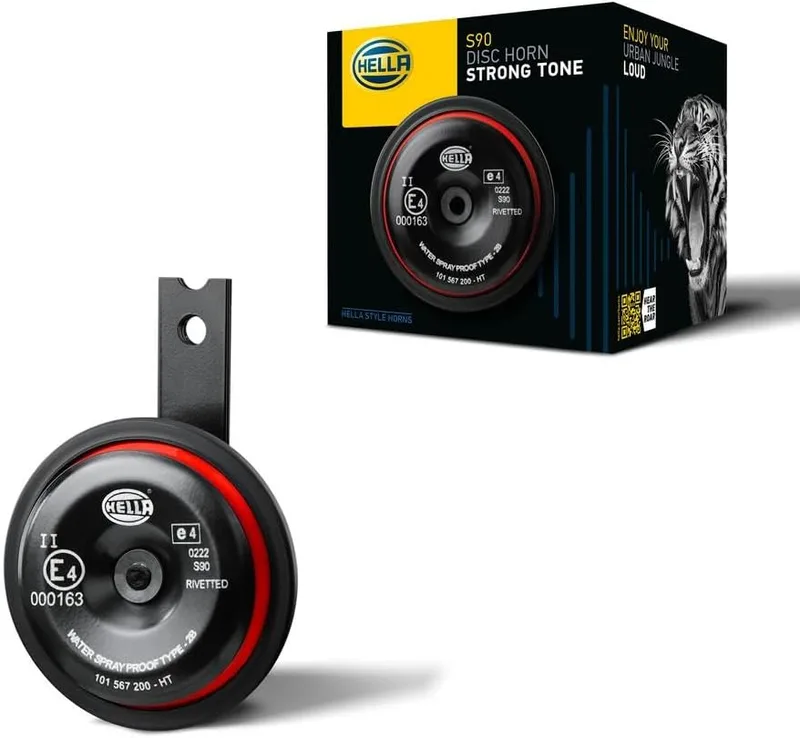 HELLA ▫️ 3AL 922 000-961 Buzina - S90 - 12 V - 113 dB (A) - Gama de frequências: 415 Hz - som agudo - Cor da caixa: vermelho/preto - Ligação por ficha plana