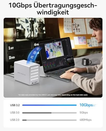 ORICO ▫️ All-Flash Caixa para discos rígidos RAID de 5 compartimentos, compatível com SSD SATA de 2,5 polegadas; suporta SSD SATA e discos rígidos de 2,5 polegadas com 7 mm ou 9,5 mm de espessura - 8858 6