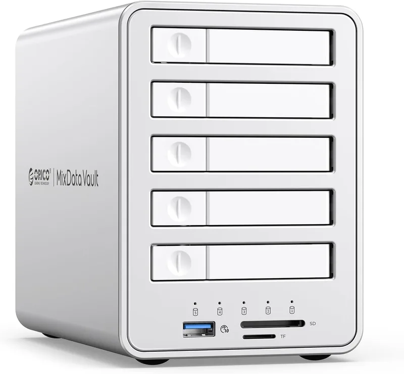 ORICO ▫️ All-Flash Caixa para Discos Rígidos RAID de 5 Compartimentos, Compatível com SSD SATA de 2,5 polegadas; suporta SSD SATA e discos rígidos de 2,5 polegadas com 7 mm ou 9,5 mm de espessura - 8858