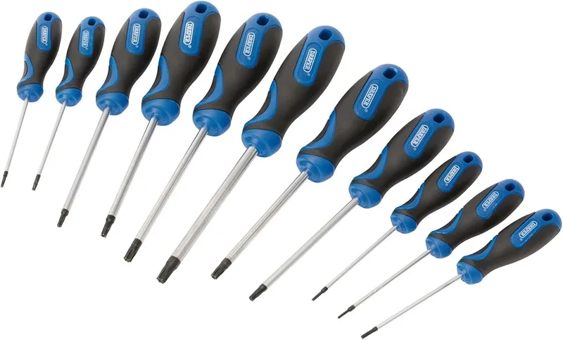 Draper ▫️ 34253 Conjunto de chaves de fendas Torx Tx Star de segurança à prova de manipulação, T6-T40T, 11 peças, azul