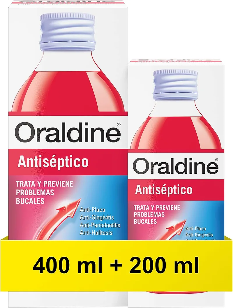 ORALDINE ▫️ Enxaguante Bucal Antisséptico para Uso Diário, 400 ml e 200 ml, 2 unidades | Duplo Poder Antibacteriano, Elimina a placa bacteriana, Combate a periodontite, a gengivite e a halitose, Cuidado das gengivas, Com hexeditina