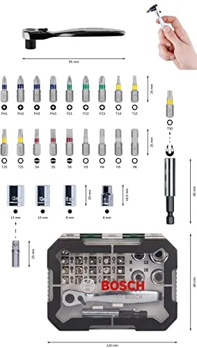 Bosch Accessories ▫️ Bosch Professional 2607017322 Pontas de chave de fendas + catraca (conjunto de 26), cor preta 2