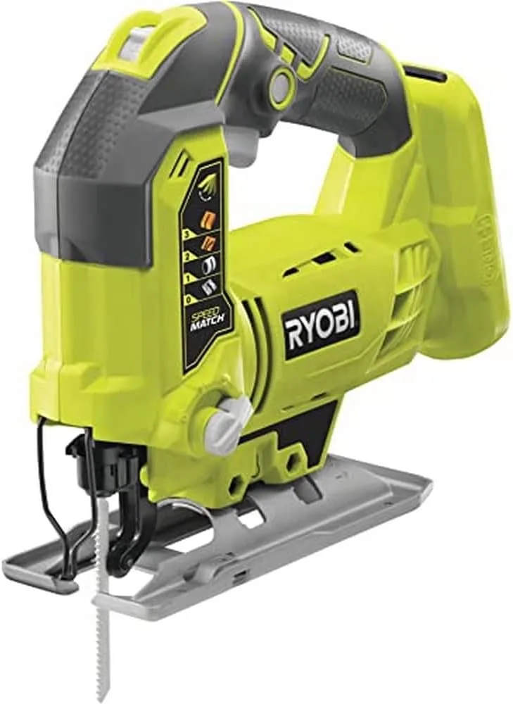 Ryobi ▫️ Serra de recortes com pêndulo de 4 posições 18V ONE+ Cordless para cortes perfeitos, sem lascas, rectos, acabamentos, aparar arestas de tábuas, laminados, contraplacado, metal - R18JS-0