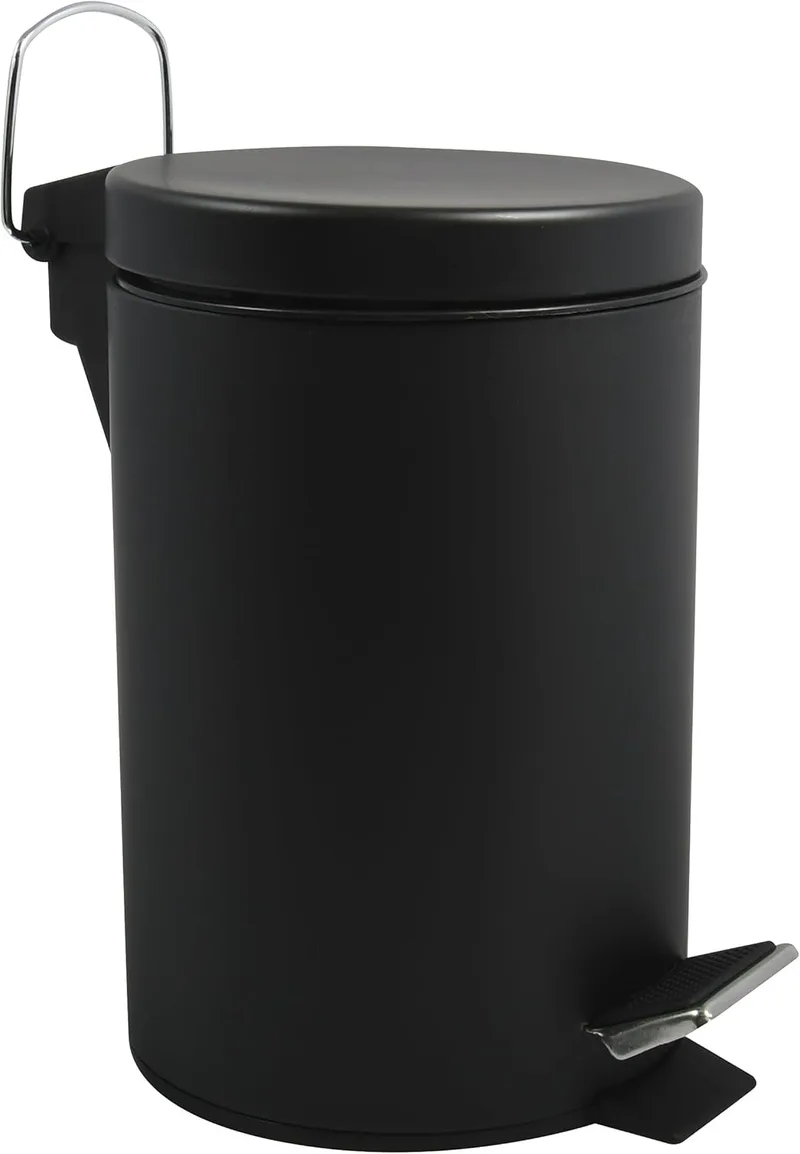 MSV ▫️ Caixote do lixo para casa de banho - Aço inoxidável com recipiente interior amovível - Pedal compacto - Ø 3L - Preto mate - Fecho suave e fácil de limpar