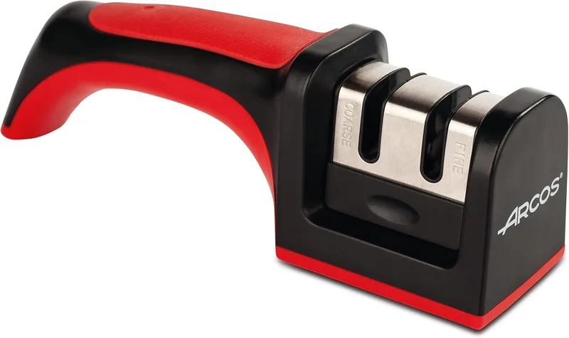 Arcos ▫️ Afiador de facas profissional com cabo ergonómico para utilização manual para afiar e polir facas. Rolos de cerâmica e carbono. Cor vermelha e preta