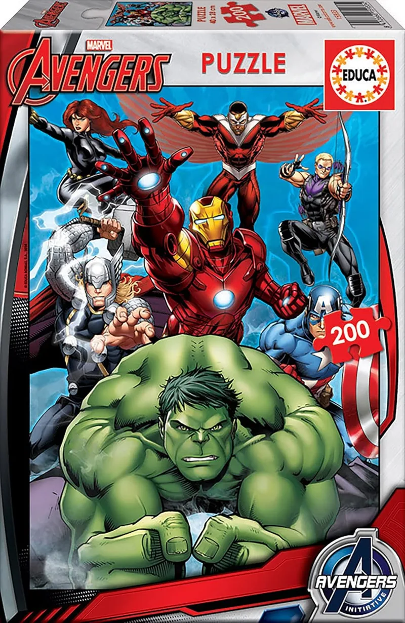 Educa ▫️ Puzzle infantil Avengers. Puzzle 200 peças Marvel. Tamanho aproximado da montagem: 40 x 28 cm. Composto por peças grandes e com acabamento perfeito. + 6 anos (15933)