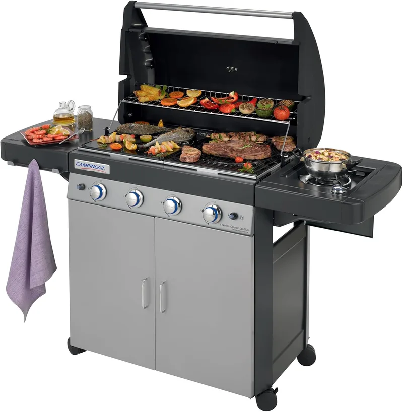 CAMPINGAZ ▫️ 4 Series Classic LS Plus Churrasqueira a gás, 4 queimadores em aço inoxidável, 12,8 kW, sistema de limpeza InstaClean, 4 rodas, cores: preto e cinzento, 160 x 59,8 x 115,6 cm