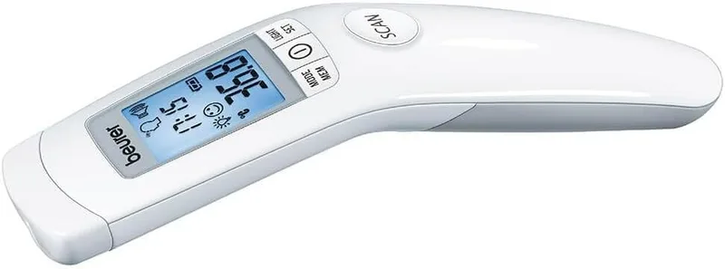 Beurer ▫️ Termómetro digital infravermelho sem contacto FT 90, termómetro para bebés, para medições fáceis na testa de adultos e crianças, ecrã digital, com pilha, 1 unidade (embalagem de 1)