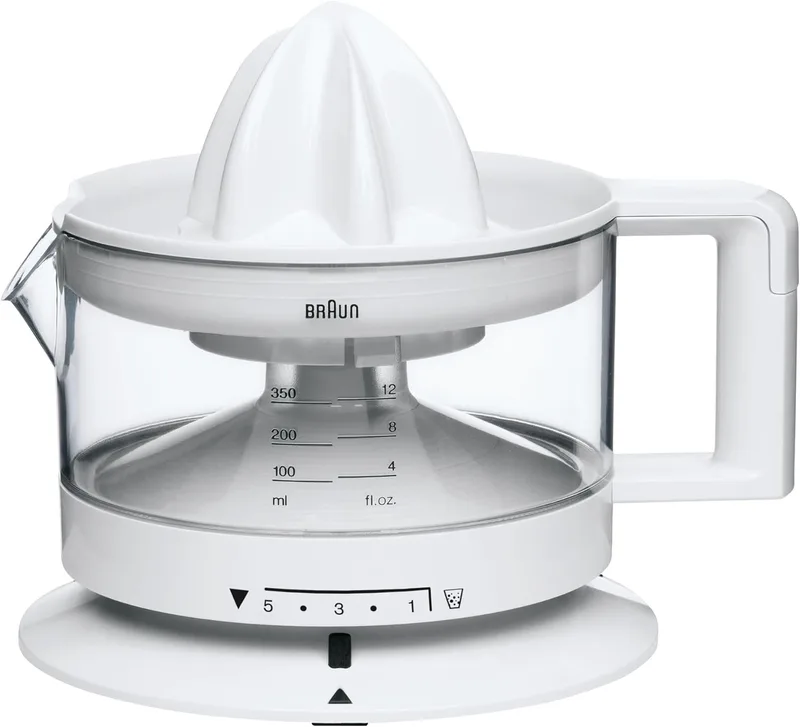 Braun ▫️ CJ3000 WH - Espremedor elétrico de laranjas, 20 W, 350 ml, quantidade de polpa ajustável, lavável na máquina de lavar louça, design icónico, branco [Classe de eficiência energética A]