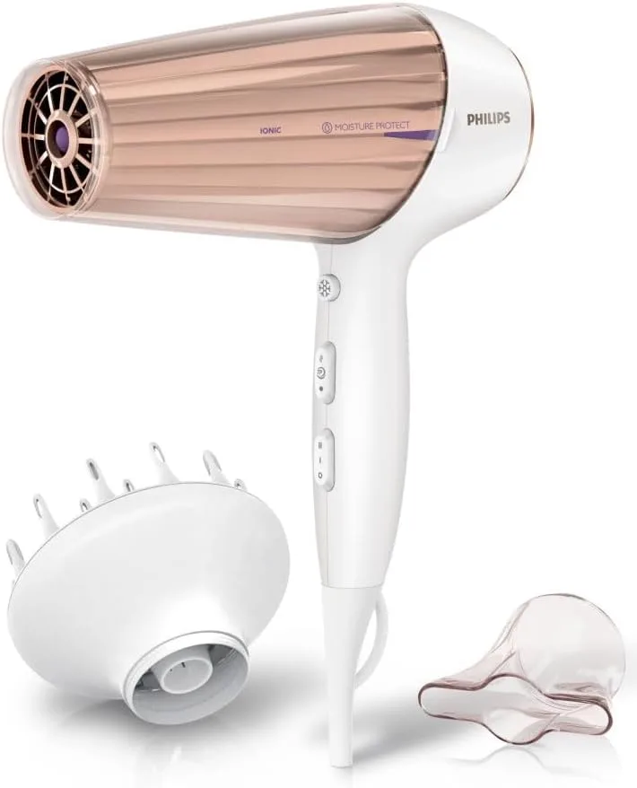 PHILIPS ▫️ Secador de cabelo 7000, Preserve Hydration, 2300 W, iônico, bocal estreito, difusor, 3 temperaturas, 3 velocidades, HP8280/00, branco/rosa,