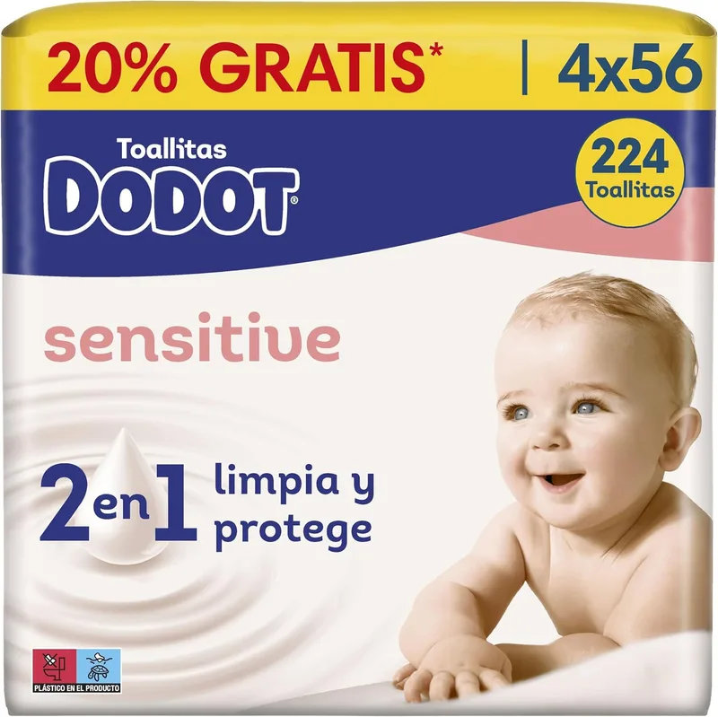 DODOT ▫️ Toalhitas Sensitive para bebés - Embalagem de 4 x 56 toalhitas - Total: 224 toalhitas