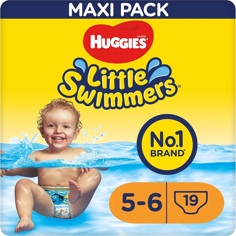 HUGGIES ▫️ Fraldas de natação para bebés Little Swimmers Tamanho (5-6), barreiras anti-derrame para máxima proteção na água, 19 fraldas descartáveis
