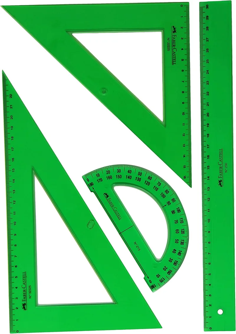 Faber-Castell ▫️ 66021 - Conjunto Escolar - Esquadra - Esquadro - Régua - Semicírculo - Cor Verde