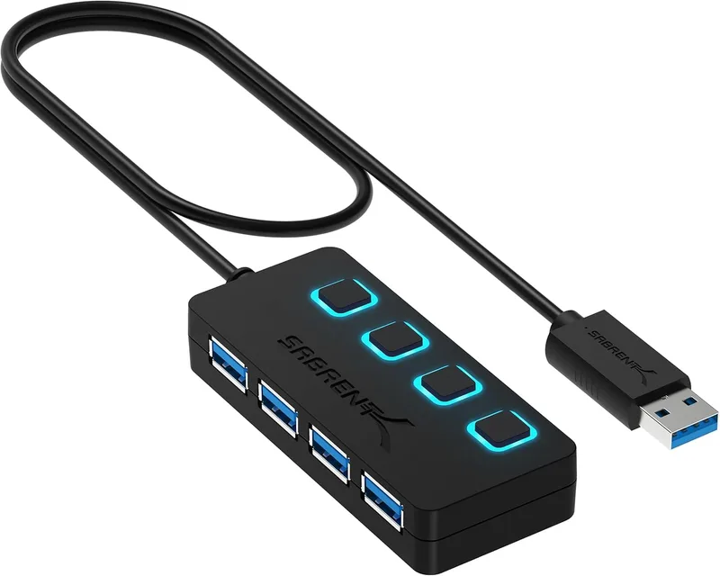 SABRENT ▫️ Hub USB de 4 portas com interruptores de alimentação individuais e LEDs para PS5, Xbox, PC e jogos [HB-UM43] [HB-UM43].