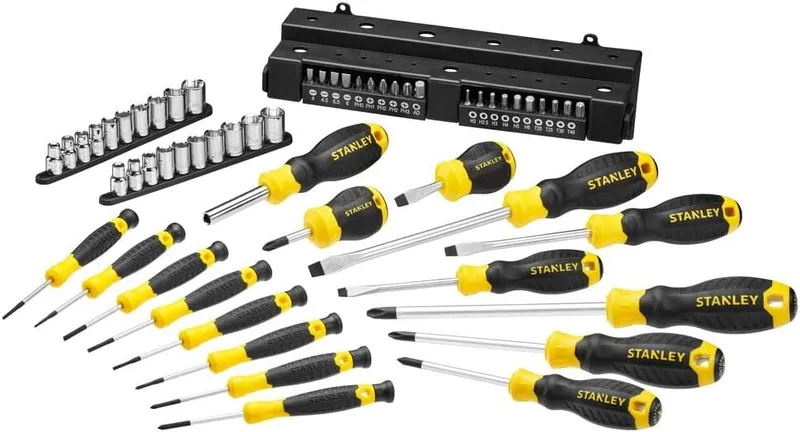 STANLEY ▫️ Conjunto de chaves de fendas de 57 peças pontas de chave de fendas de 25 mm e pontas de chave de fendas, jogo de soquetes, pegas grandes e macias, lâmina de aço, montagem na parede, STHT0-62143