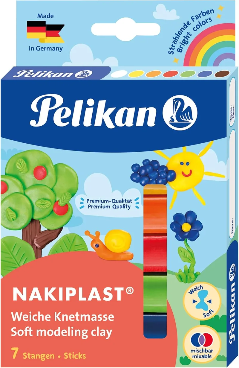 Pelikan ▫️ 2056089 Massa de modelar Nakiplast, 7 cores sortidas, fabricada na Alemanha com elevada qualidade e segurança, cera de abelha natural - 622712