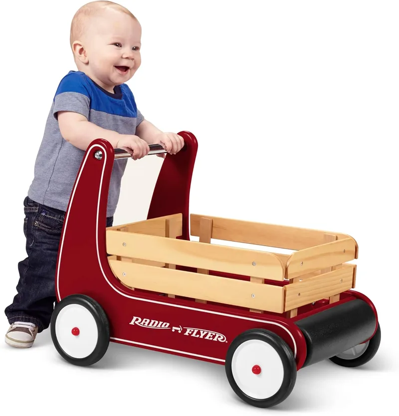 Radio Flyer ▫️ Classic Walking Wagon, brinquedo de sentar e levantar para crianças, andarilho de madeira, para idades entre 1 e 4 anos, vermelho